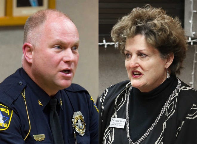 Topeka police chief James Brown, left, and Topeka Unified School District 501 superintendent Julie Ford both spoke to the media Tuesday morning about a plan to pull four officers from local schools because of the chief's grave concerns regarding current manpower strength in the Field Operations Bureau.