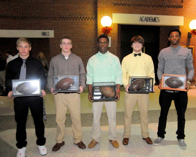 Members of the Effingham County High School football team were honored at a banquet held on Dec. 3. Game ball awards were presented to Jake Anderson, Dusty Baker, Nieem Bartley, Josh Vanderark and B.J.Williams. Not pictured is Ashton King.