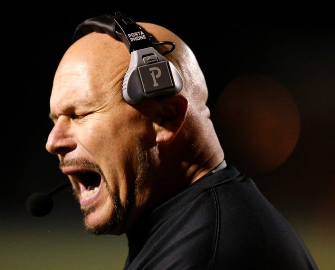 Locust Grove head coach Matt Hennesy reacts after a Heritage Hall touchdown during a Class 3A semifinal playoff football game between Locust Grove and Heritage Hall at Sapulpa High School in Sapulpa, Okla., Friday, Dec. 12, 2014. Heritage Hall won 53-42. Photo by Nate Billings, The Oklahoman