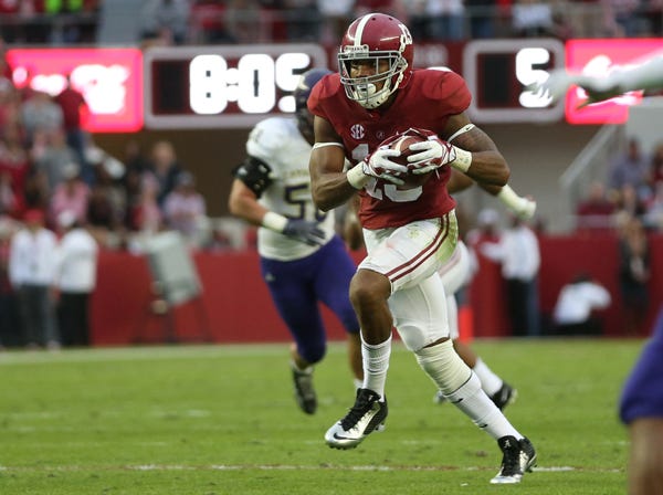 Alabama's Ardarius Stewart runs after making a catch against Western Carolina on Nov. 22. Stewart has played in every game this season and has seen an increase in playing time. (Kent Gidley | University of Alabama)