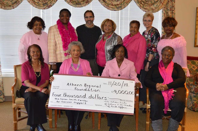 The Golden Girls of Athens recently presented the Athens Regional Foundation with a $4,000 gift to benefit the Loran Smith Center for Cancer Support. The funds were raised through the group's second annual 50 Shades of Pink Affair held Oct. 25. The group chose to support the Loran Smith Center due to the number of friends and family members they know that have been impacted by cancer. The Golden Girls are a group of women that graduated from Athens High Industrial School in 1964. The group started as a social group that decided to improve its community through volunteer work and financial help.  Pictured: Front Row left to right: Beverly Smith, Laura Ward, Lillie Stewart, and Shirley Taylor; Second Row left to right: Jackie Wilson, Carrie Dillard, Joel Siebentritt, Bessie Freeman, Julia Handy, Tammy Gilland, and Catherine Thomas. Members of the Golden Girls not pictured are Edye Bolton, Alice Johnson, Emma Walters, and Barbara Sims.