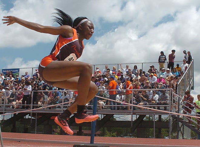 Pennsbury's Uche Onuoha particpates in the triple jump finals at the PIAA Class AAA and AA state track and field championsips in Shippensburg Saturday.