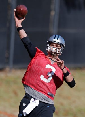 Panthers quarterback Derek Anderson throws during practice in Charlotte, 
N.C., Wednesday. Anderson will replace starting quarterback Cam Newton 
today. He also started the season opener, a 20-14 win over the Bucs. 
ASSOCIATED PRESS