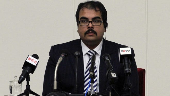 Arturo Pierre Martinez, 29, speaks at a news conference at the Peoples Palace of Culture in Pyongyang, North Korea on Dec. 14. North Korea on Sunday presented to the media the American who says he illegally crossed into the country but has not been held in custody and is seeking asylum in Venezuela. Martinez, of El Paso, said he entered North Korea by crossing the river border with China. (AP Photo/Kim Kwang Hyon)