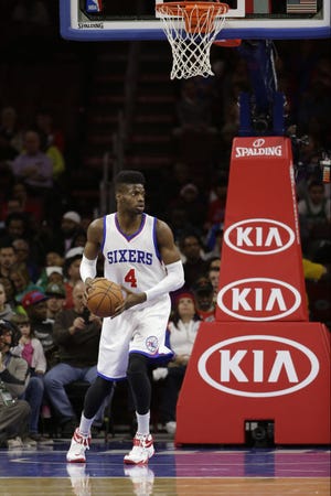 The 76ers' Nerlens Noel looks for a teammate to pass to during Monday night's home loss to the Celtics.