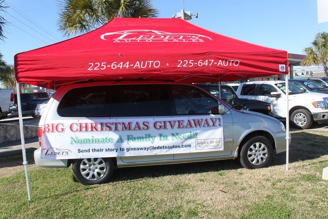 The minivan that will be given away to a nominated family is parked at Ledet’s Auto Sales at 112 N. Airline Highway in Gonzales.