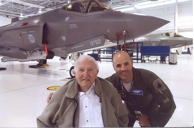 Colby Edwards, an F-35 pilot with the 58th Fighter Squadron at Eglin Air Force Base, took his friend Harry Johnson to see the Air Force's newest fighter jet. Johnson flew a Corsair as a fighter pilot in World War II.