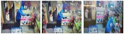 The suspect in these surveillance photos attempted to rob the Neighborhood Meat Market but was foiled Friday night when the clerk shot at him, police said.