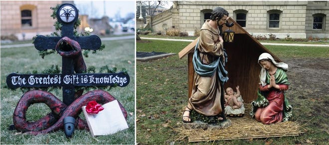 A “Snaketivity” scene of a snake offering a book called “Revolt of the Angels” as a gift is shown Sunday on the grounds of the Capitol in Lansing. In a separate photo at right is a nativity scene displayed Friday on the state House grounds in Lansing. About 50 people sang Christmas carols and prayed to welcome the temporary nativity scene to the Capitol.