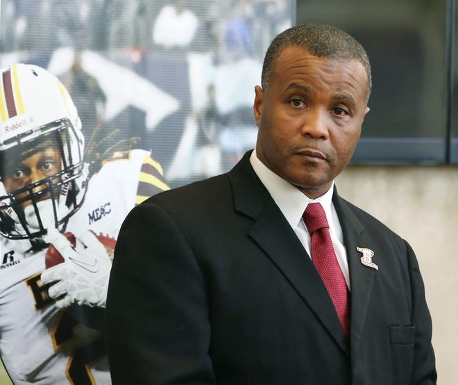 New Bethune-Cookman coach Terry Sims looks on during his introductory press conference Monday at the Handfield Center.