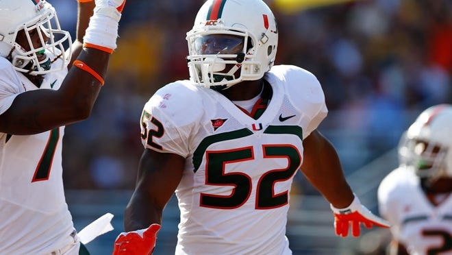 Denzel Perryman leads the Miami Hurricanes against the Boston College Eagles during the game on Sept. 1, 2012 at Alumni Stadium in Chestnut Hill, Massachusetts.