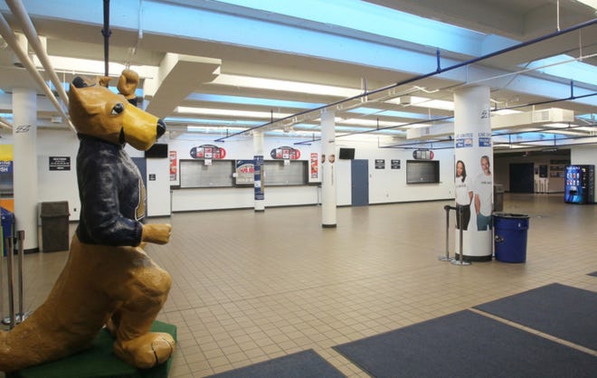 A statue of Zippy stands on display in the main lobby of The University of Akron's James A. Rhodes Arena. University President Scott Scarborough said he is awaiting an internal design proposal on how to upgrade the 5,500-seat, on-campus arena known as the JAR. (Mike Cardew/Akron Beacon Journal)
