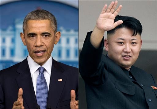 This photo shows U.S. President Barack Obama, left, and North Korean leader Kim Jong Un. North Korea has compared Obama to a monkey and blamed the U.S. for shutting down its Internet amid the hacking row over the movie "The Interview." (AP Photos)