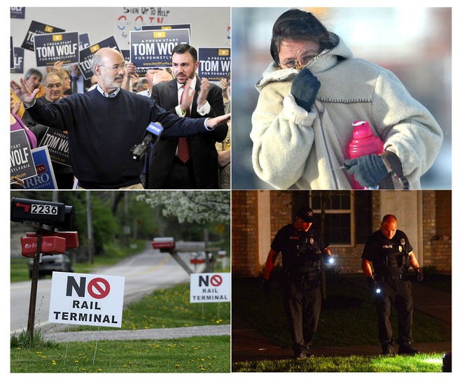Clockwise from left, is an Oct. 29 file photo of Gov.-elect Tom Wolf, who then was the Democratic candidate for Pennsylvania Governor, Kathy Close, of Erie, bears the cold and walks to her car after leaving her job in Erie on Jan 6, Signs opposing a proposed $60 million rail terminal were photographed along Hannon Road in Harborcreek Township in this May 12, 2014 file photo and Erie Police investigate the scene of a shooting outside of 377 East 19th Street on May 14.