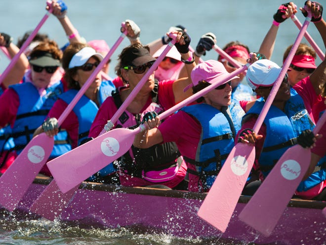 Breast cancer surviving dragon boat racers abroad the Sarasota boat, Nate's Hope, race during an open-paddle event at Nathan Benderson Park. More than 100 paddlers from Sarasota, Tampa, Miami and other cities in Florida hosted an open paddle event for a day of racing, coaching and practice at Nathan Benderson Park in Sarasota, Fla., on Saturday, August 9, 2014. / (August 9, 2014; Corespondent Photo by Casey Brooke Lawson)