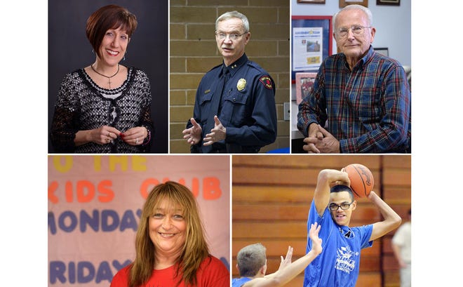 This is a composite photo of, clockwise from top left, Elisa Guida, a two-time cancer survivor, Erie Bureau of Police Chief Randy Bowers, Waldameer Park & Water World owner Paul Nelson, Cambridge Springs High School athlete Kris Silbaugh and Cherie Kinem, recreational director for the YMCA. CONTRIBUTED/ERIE TIMES-NEWS/
