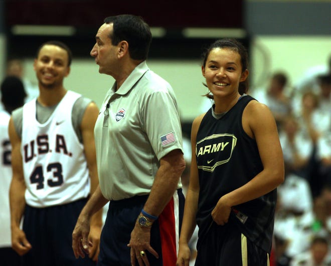 Kelsey Minato, Mike Krzyzewski and Stephen Curry, right to left, prepare for a 3-point shooting contest at Cristl Arena at West Point on Aug. 18, when Team USA made a special visit to West Point. Will Montgomery/Times Herald-Record