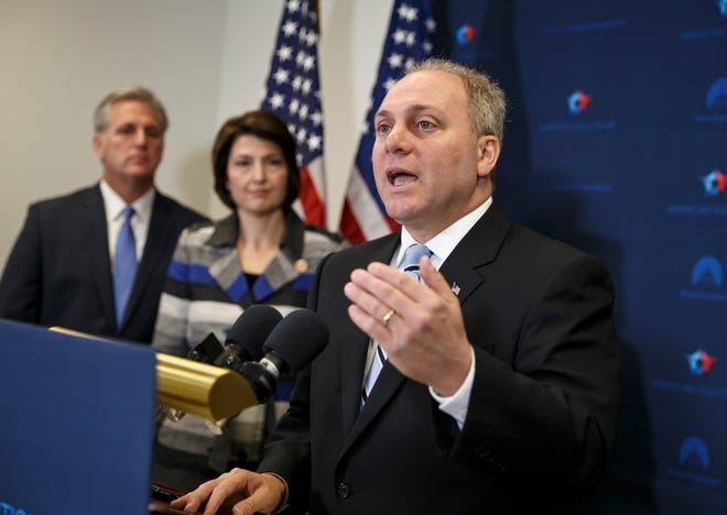 FILE - In this Nov. 18, 2014 file photo, House Majority Whip Steve Scalise of La., right, with House Majority Leader Kevin McCarthy of Calif., left, and Rep. Cathy McMorris Rodgers, R-Wash., speaks to reporters on Capitol Hill in Washington, following a House GOP caucus meeting. Scalise acknowledged that he once addressed a gathering of white supremacists. Scalise served in the Louisiana Legislature when he appeared at a 2002 convention of the European-American Unity and Rights Organization. Now he is the third-highest ranked House Republican in Washington. (AP Photo/J. Scott Applewhite, File)