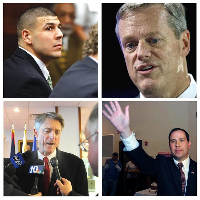 A look at, clockwise from top left, a few of the people destined to make headlines in Greater Fall River in 2015: former Patriots tight end Aaron Hernandez, Gov.-elect Charlie Baker, former Mayor Will Flanagan and Mayor Sam Sutter, currently also the Bristol County district attorney.