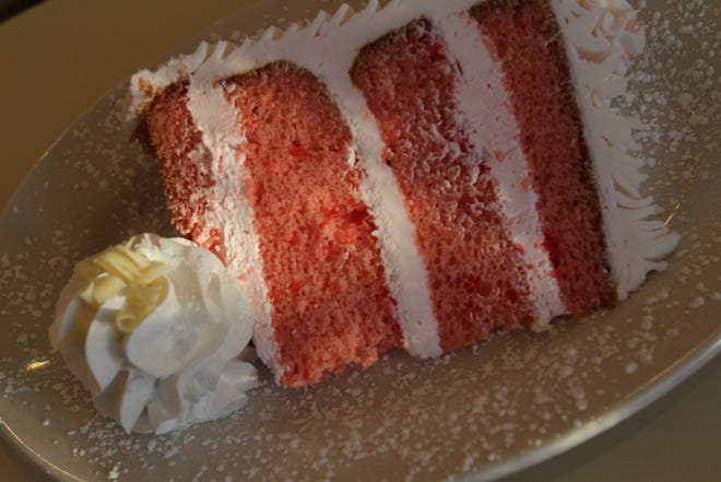 The Pink Champagne cake at Sweet Indulgence, a Parisian-style dessert cafe in Pawtuxet Village.