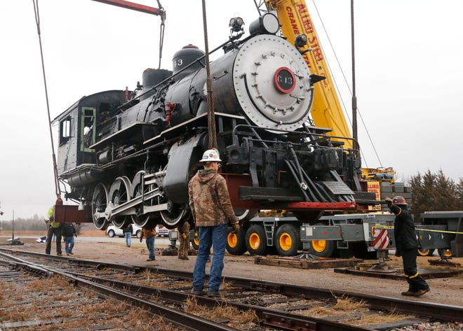 A steam locomotive from State Fair Park is lifted onto tracks at its final home at the Oklahoma Railway Museum in 2015. The museum and Dental Depot are hosting a Halloween Train event on Oct. 29. [Photo by Paul Hellstern, The Oklahoman Archives]