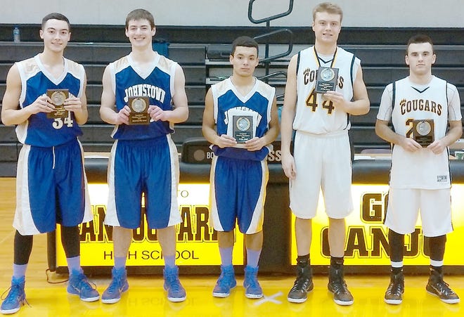 Tournament most valuable player Austin Riska, sportsmanship award winner Jonathan Heroth and all-star Jamal Vazquez of champion Johnstown, and all-star Josh Gonzalez and sportsmanship award winner Jace Fox of runner-up Canahoharie (from left) pose with their plaques following Tuesday's Andy Palmer Classic championship game. 



Photo Courtesy of Phil Schoff