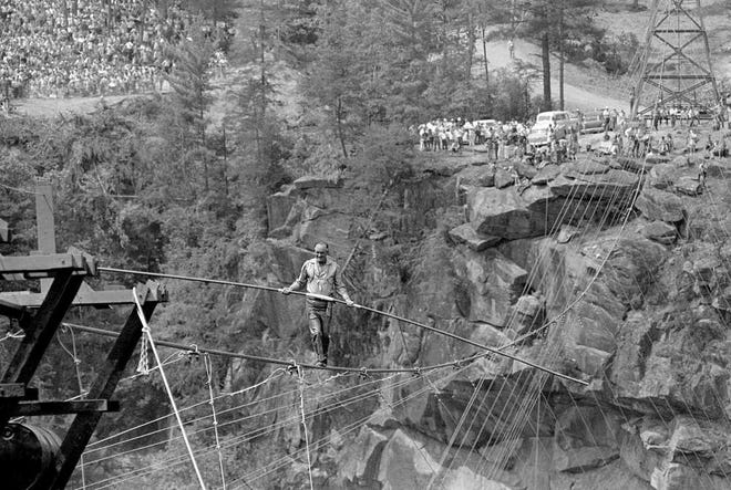 Associated Press file photoHigh-wire artist Karl Wallenda nears the end of his walk on July 18, 1970, on a high wire across the gorge at Tallulah Falls.