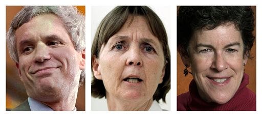This panel of file photos shows attorneys David Bruck, left, July Clarke, center, and Miriam Conrad, right, who are the defense team for Boston Marathon bombing suspect Dzhokhar Tsarnaev. Jury selection for Tsarnaev's trial is scheduled to begin Monday, Jan. 5, 2015, in federal court in Boston. (AP Photos/File)