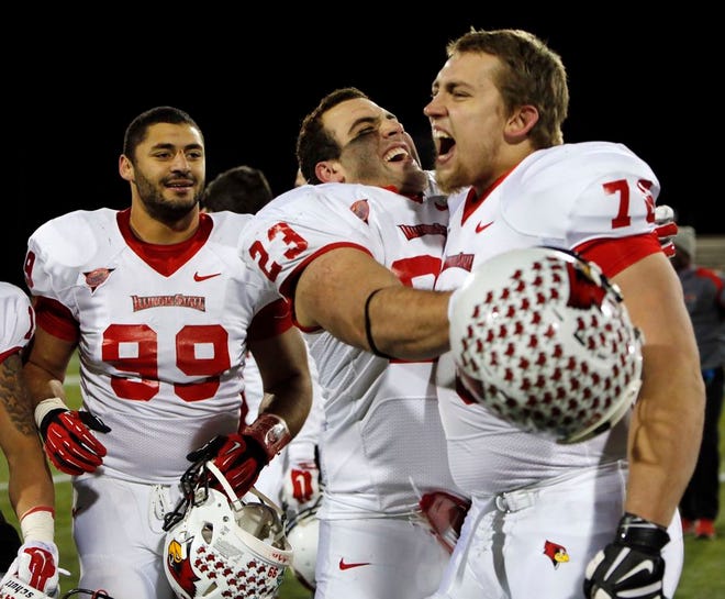 AP FILE - From left to right, Illinois State's Bradon Prate (99), Collin Keoshian (23) and Dan Pawlak (76) celebrate after coming from behind in the fourth quarter to defeat New Hampshire 21-18 in the NCAA FCS semifinal college football game Saturday, Dec. 20, 2014, in Durham, N.H. (AP Photo/Jim Cole)