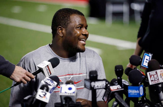 Ohio State quarterback Cardale Jones talks during a news conference Tuesday, Jan. 6, 2015, in Columbus, Ohio. Ohio State faces Oregon in the national championship college football game on Jan. 12. (AP Photo/Columbus Dispatch, Adam Cairns)