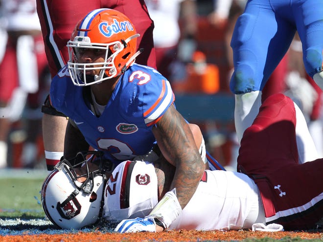 Florida linebacker Antonio Morrison looks at the yard marker after tackling South Carolina running back Brandon Wilds during the second half at Ben Hill Griffin Stadium one Nov. 15. Morrison suffered a knee injury in last Saturday's Birmingham Bowl.