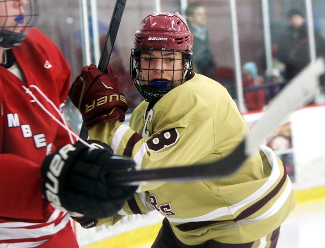 Ioanna Raptis/Portsmouth Herald photo

Portsmouth-Newmarket's Jack Alden has his eye on the puck during Division II action against Timberlane on Wednesday in Exeter.