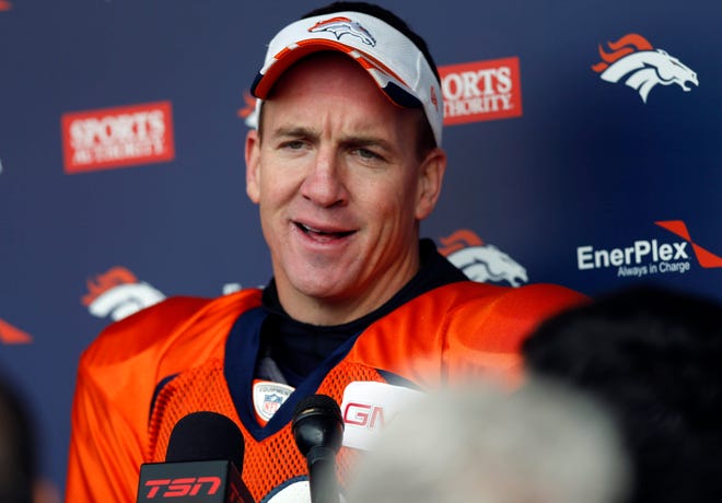 Denver Broncos quarterback Peyton Manning answers questions from the media on Wednesday after practice. The Broncos host the Indianapolis Colts on Sunday. (AP Photo/David Zalubowski)