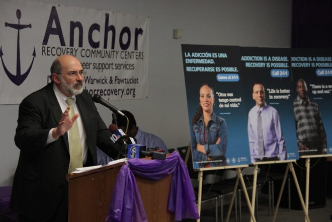 Dr. Michael Fine, Rhode Island director of Health, talks about the deaths in Rhode Island from drugs and alcohol. The posters shown are part of the campaign to fight drug addiction and overdoses.