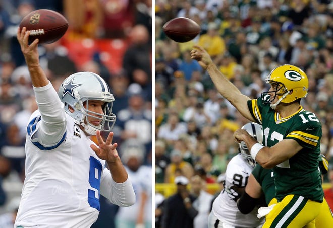 Tony Romo, left, and the Dallas Cowboys are 8-0 on the road this year. Aaron Rodgers, right, and the Green Bay Packers are 8-0 at home heading into today's showdown. (AP Photo/Morry Gash, File)
