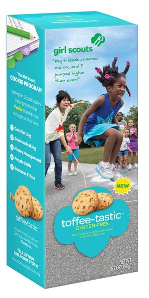 CONTRIBUTED In addition to the new Rah-Rah Raisin cookie flavor, the Girl Scouts offer Toffee-Tastic which is a gluten-free friendly cookie. It's rich, butter and packed with toffee bits.