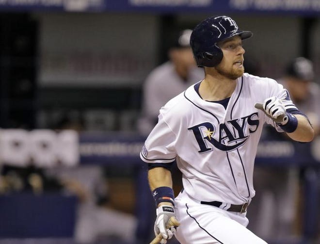 Tampa Bay Rays' Ben Zobrist lines an RBI walk off single off New York Yankees relief pitcher Shawn Kelley during the ninth inning of a baseball game Monday, Sept. 15, 2014, in St. Petersburg, Fla. The Rays won the game 1-0.