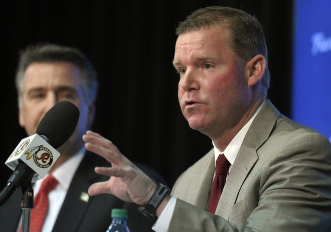 Scot McCloughan, right, speaks during an NFL football press conference where he was introduced as the Washington Redskins new general manager, Friday in Ashburn. (AP Photo/Nick Wass)