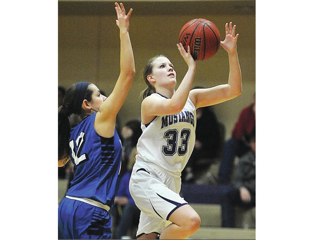 Jocelin Merciez, shown in action during early 2014, jostled the nets for a team-high 22 points as the Wesleyan Christian Lady Mustangs jolted the Copan High Lady Hornets, 49-44, on Friday in Bartlesville. Becky Burch/Examiner-Enterprise, file