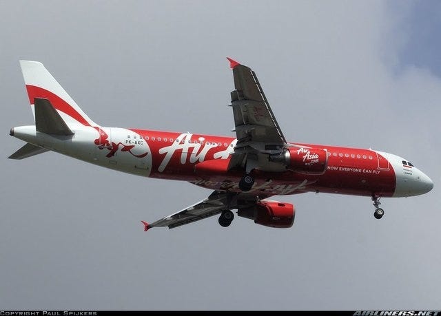 Air traffic controllers lost contact with AirAsia Flight QZ8501, an Airbus A320-216 passenger jet, early Sunday, Dec. 28, 2014. This photo depicts the exact aircraft missing and was taken prior to the disapearance.