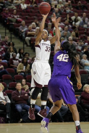 Texas A&M's Courtney Walker (33) shoots over LSU's Sheila Boykin (42) during the first half of an NCAA college basketball game Sunday, Jan. 11, 2015, in College Station, Texas. (AP Photo/Patric Schneider)