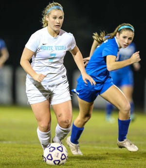 GARY MCCULLOUGH/CORRESPONDENT Ponte Vedra Maggie Glynn during the first half of high school girls soccer action against Bartram Trail at Ponte Vedra on December 12, 2014. The Sharks quest for a fifth straight regional championship will be delayed a day due to the weather.