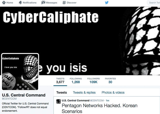 This screen grab made Monday, Jan. 12, 2015 show the front page of the U.S. Central Command twitter account after is was hacked. The twitter site of the military's U.S. Central Command was taken over Monday by hackers claiming to be working on behalf of the Islamic State militants. American and coalition fighters are launching airstrikes against IS in Iraq and Syria. The site was filled with threats that said "American soldiers, we are coming, watch your back." Other postings appeared to list names and phone numbers of military personnel as well as PowerPoint slides and maps. (AP Photo)