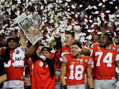 Ohio State players celebrate after the NCAA college football playoff championship game against Oregon Monday, Jan. 12, 2015, in Arlington, Texas. Ohio State won 42-20.