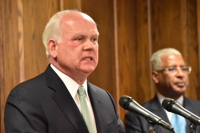 University of Alabama at Birmingham President Ray Watts holds a press conference Friday, Jan. 9, 2015, in the Administration Building on the downtown Birmingham, Alabama campus. (AP Photo/AL.com, Frank Couch )