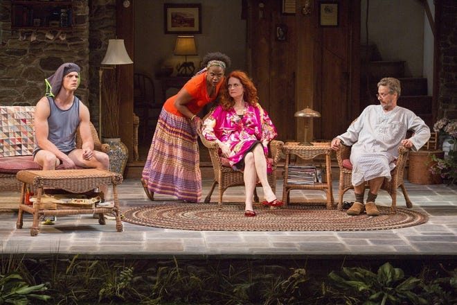 From left, Tyler Lansing Weaks, Haneefah Wood, Candy Buckley and Martin Moran star in Christopher Duran's comedy "Vanya and Sonia and Masha and Spike" for Huntington Theatre Company in Boston. JIM COX