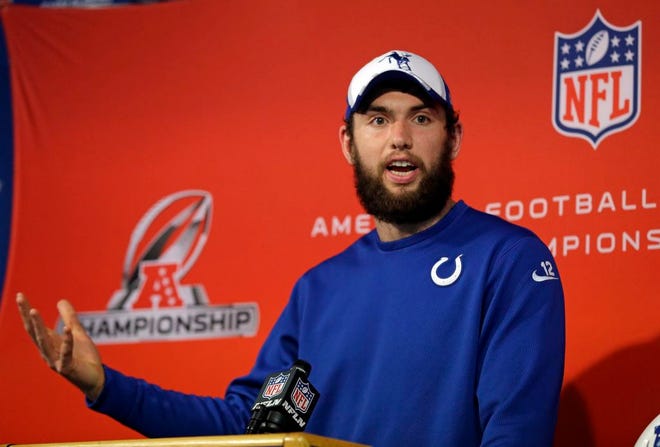 Indianapolis Colts quarterback Andrew Luck answers a question during an NFL football press conference at the team's practice facility in Indianapolis, Wednesday, Jan. 14, 2015. The Colts face the New England Patriots in Sunday's AFC Championship. (AP Photo/Michael Conroy)