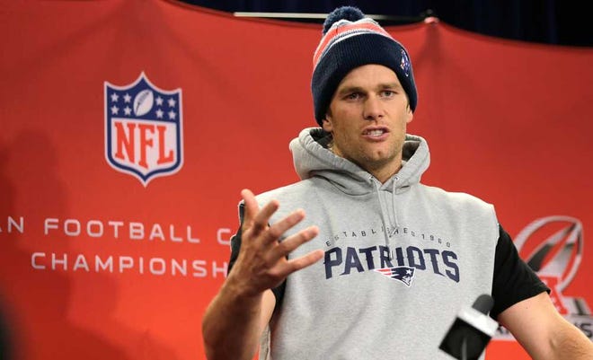 New England Patriots quarterback Tom Brady prior to a team practice in Foxborough, Mass., Wednesday, Jan. 14, 2015. The Patriots face the Indianapolis Colts in the AFC Championship. (AP Photo/Charles Krupa)