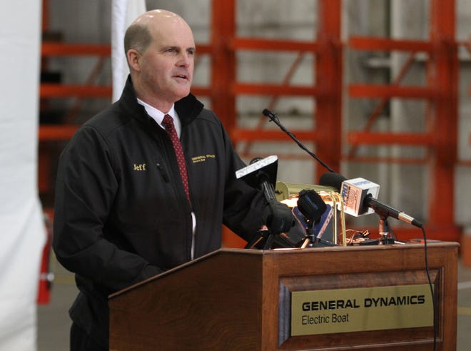 Jeff Geiger, president of Electric Boat, speaks at Quonset Point in May 2014. Electric Boat was awarded a $17.6-billion contract from the Navy to build 10 Virginia-class submarines. The contract is the largest in U.S. naval history.