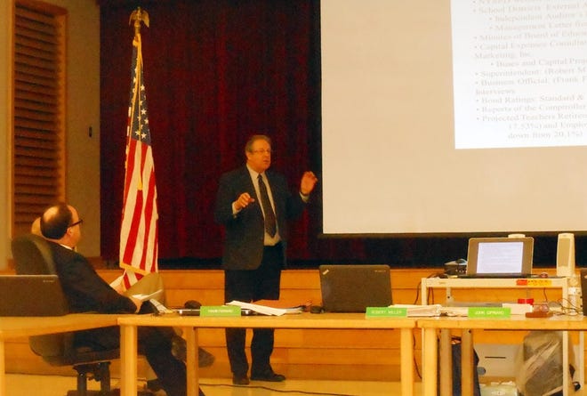 Rick Timbs, executive director of the Statewide School Finance Consortium, speaks during a Herkimer Board of Education meeting on Wednesday at the district's elementary school about the district's finances. TELEGRAM PHOTO/STEPHANIE SORRELL-WHITE